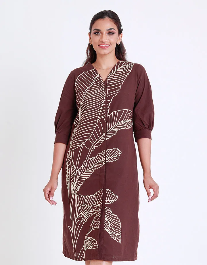 V-Neck Linen Dress with Screen Print