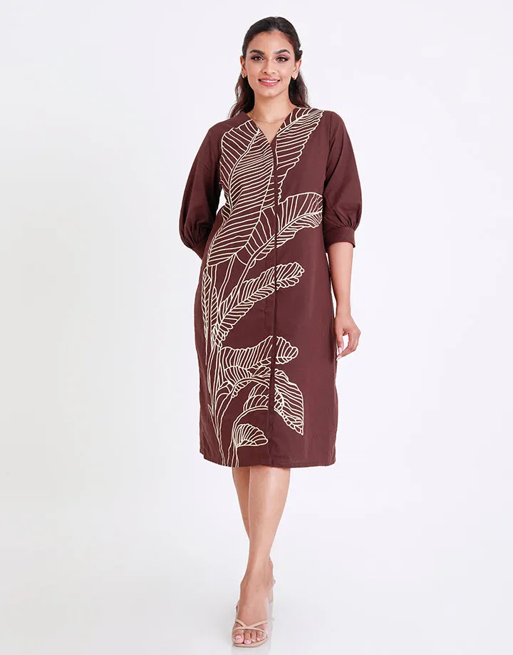 V-Neck Linen Dress with Screen Print