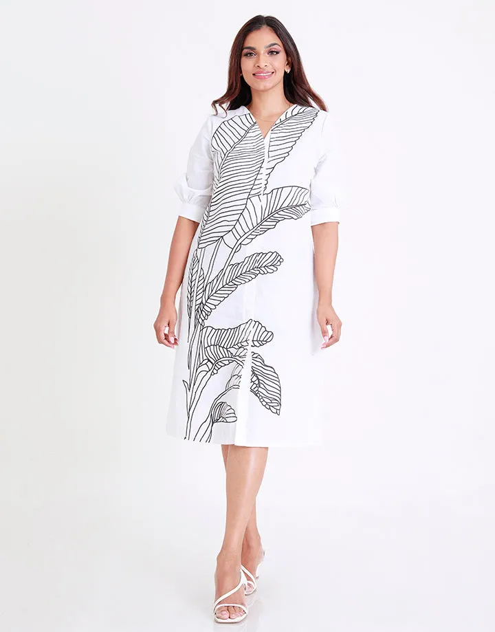 V-Neck Linen Dress with Screen Print