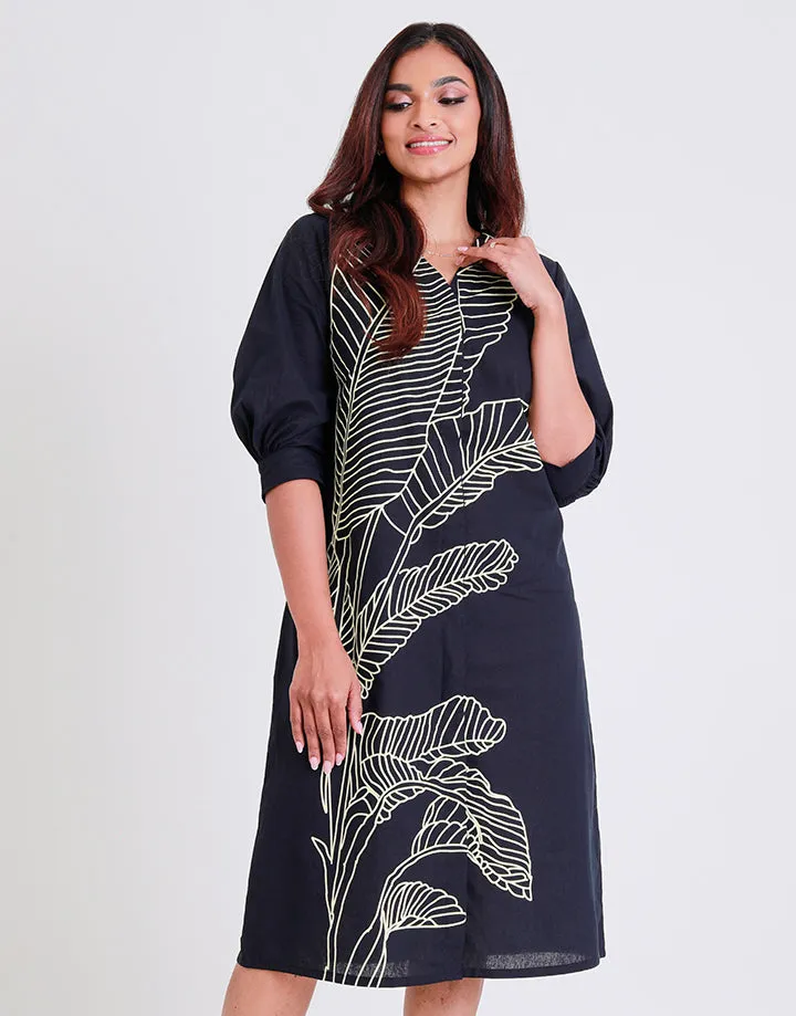 V-Neck Linen Dress with Screen Print